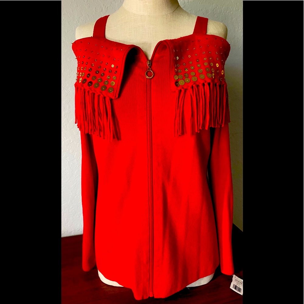 Berek Red Sweater Gold Beads Shawl Collar Fill Zip